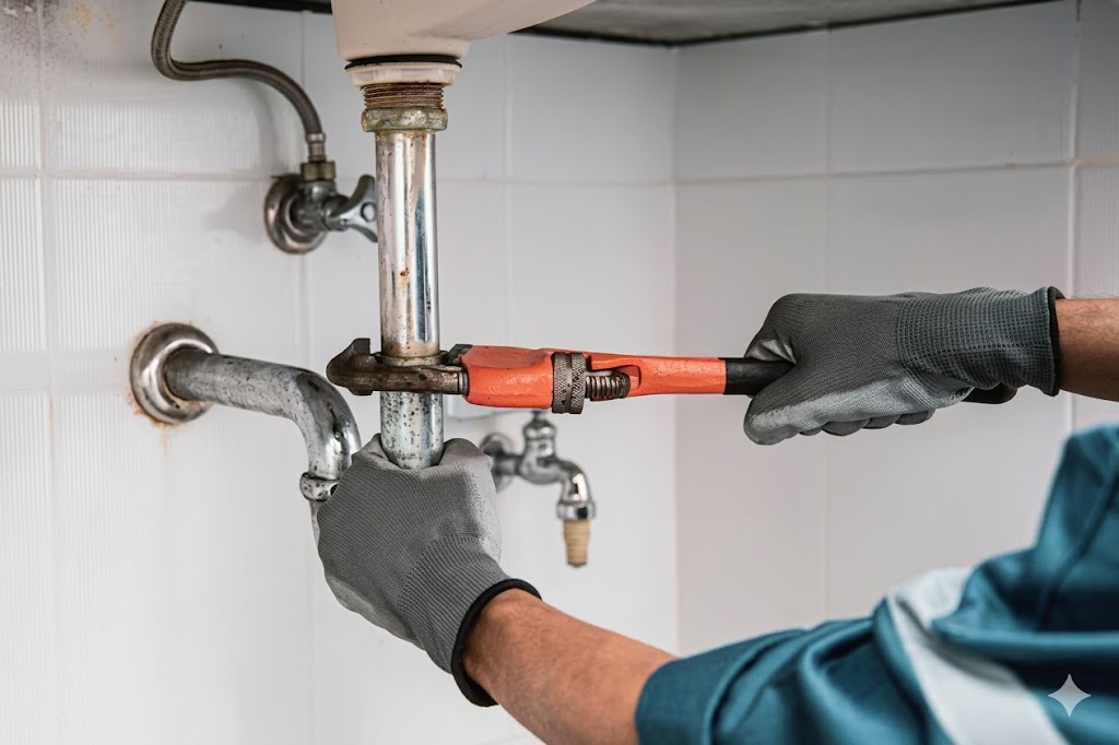 Professional plumbing inspection under a sink
